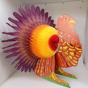 Beistle Turkey Thanksgiving Decoration Honeycomb Red Orange Yellow Tail Vintage
